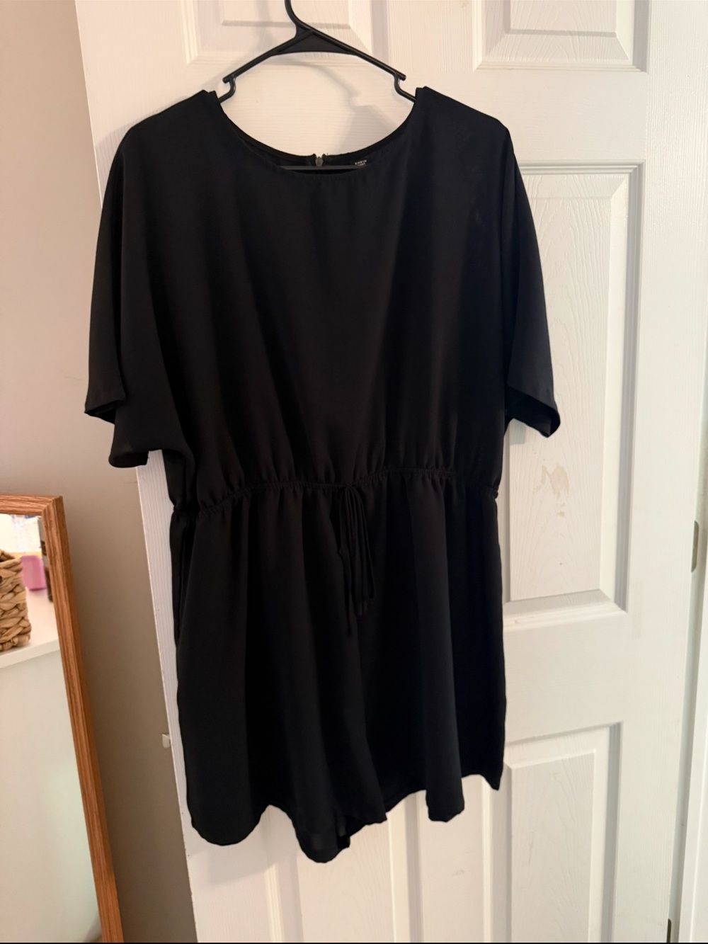 Black Short-Sleeve Drawstring Waist Romper